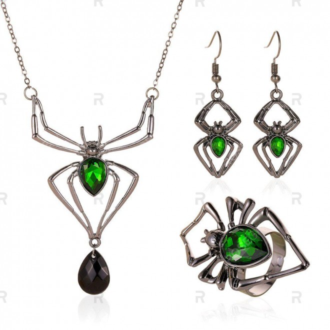 4Pcs Gothic Spider Pendant Necklace Earrings and Ring Accessory Set