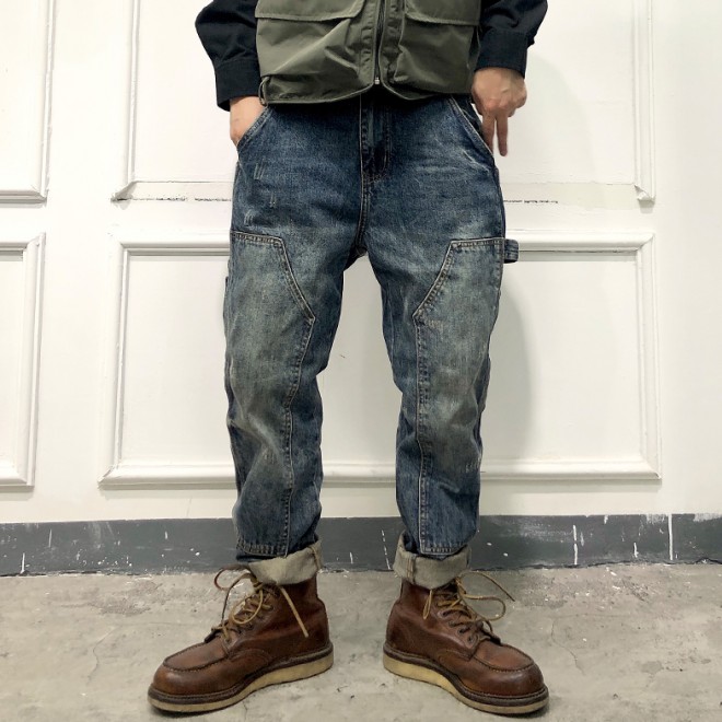 Loose Distressed Retro Stitching Tooling Motorcycle Jeans