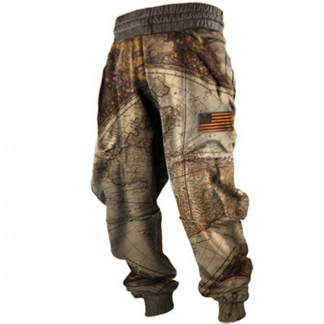 Map American Flag Print Men's Outdoor Tactical Casual Pants